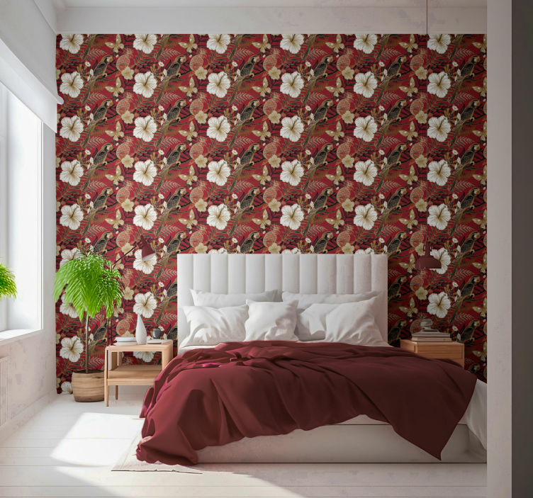 Papel pintado dormitorio rojo floral elegante - TenVinilo