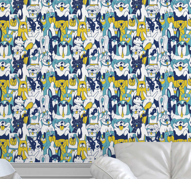 Papel pintado animales patrón azules y amarillos - TenVinilo