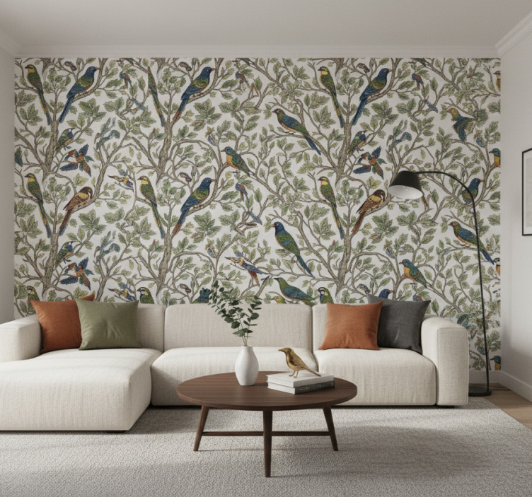 Papel pintado árboles aves en el bosque - TenVinilo