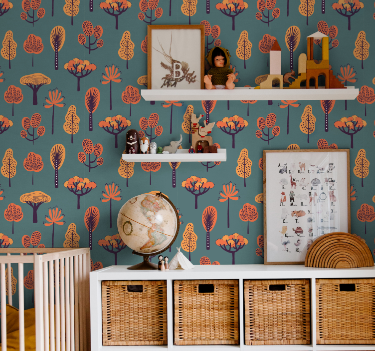 Papel pintado infantil árboles naranjas - TenVinilo