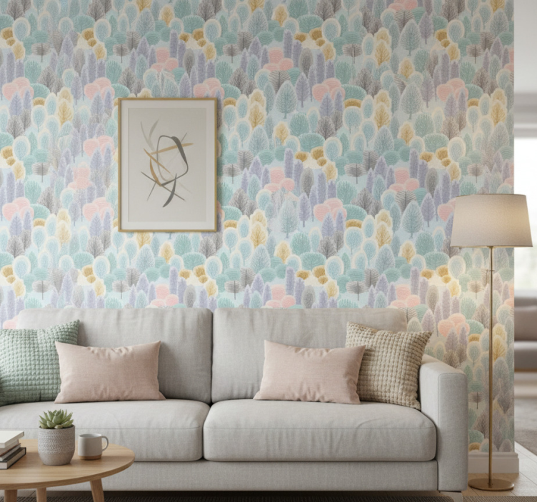 Papel pintado árboles patrón bosque pastel - TenVinilo