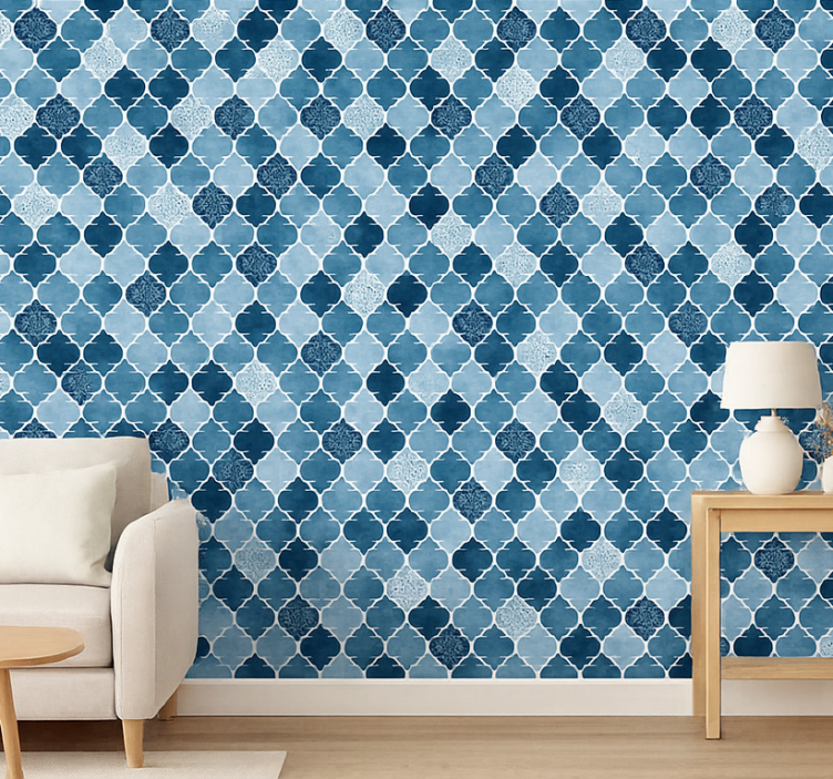 Papel pintado azulejos acuarela azul marroquí - TenVinilo