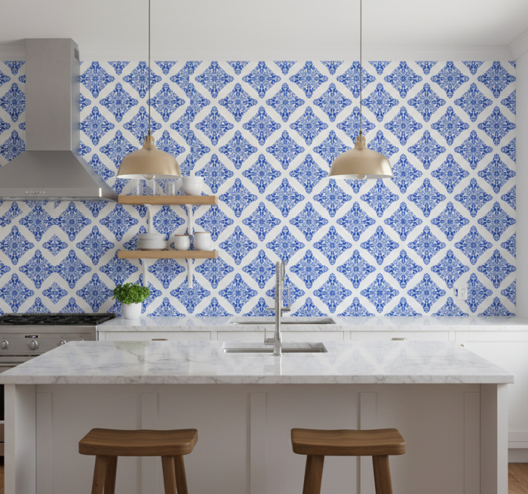 Papel pintado azulejos azul estampado - TenVinilo