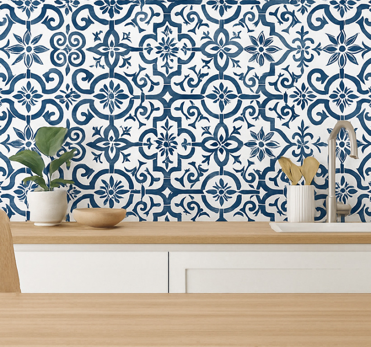 Papel pintado azulejos azul marroquí - TenVinilo