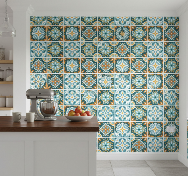 Papel pintado azulejos azules turquesa - TenVinilo