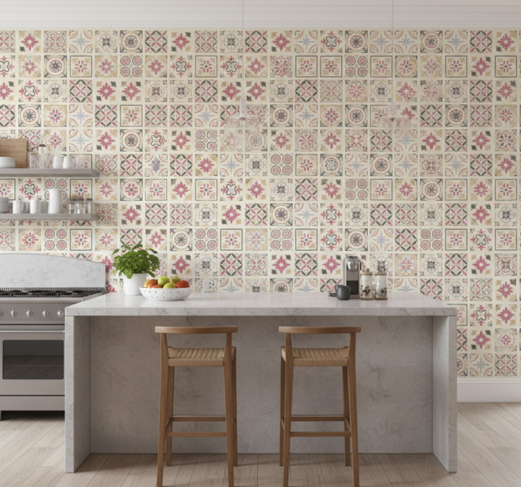 Papel pintado azulejos elemento floral geométrico - TenVinilo