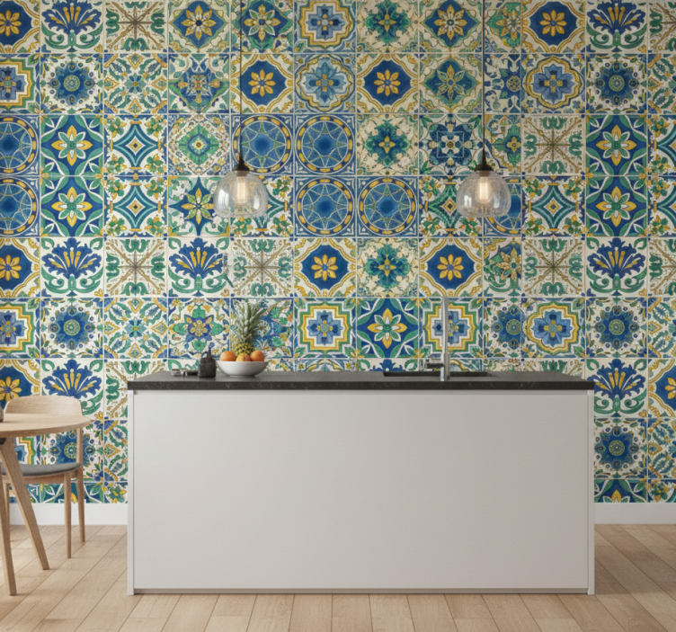 Papel pintado azulejos estilo mediterráneo - TenVinilo