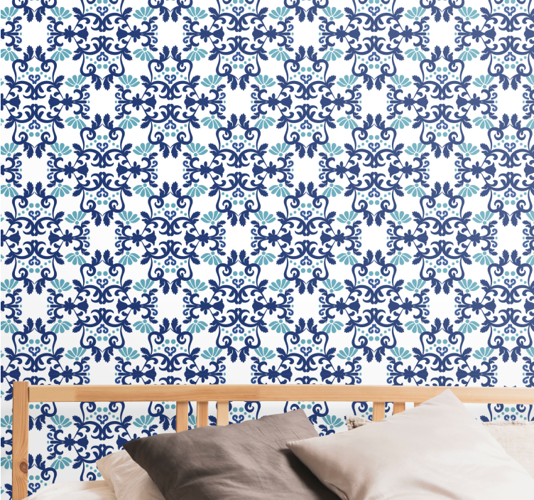 Papel pintado azulejos mosaico azul adornado - TenVinilo
