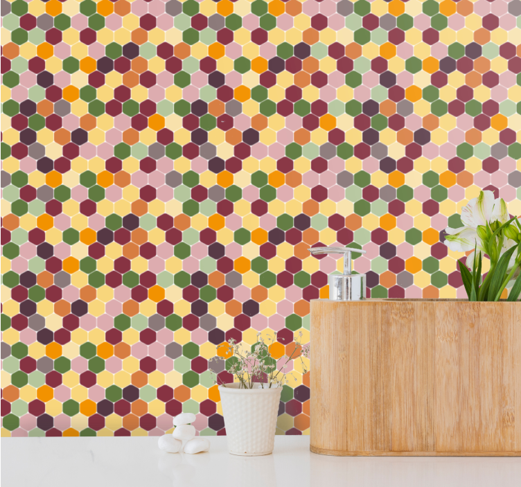 Papel pintado azulejos pequeños hexágonos de colores - TenVinilo