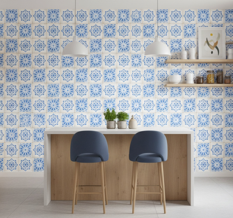 Papel pintado azulejos patrones azules intrincados - TenVinilo
