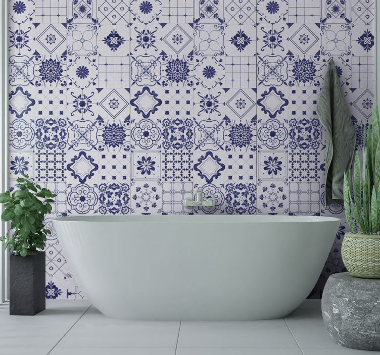 Papel pintado azulejos intrincado motivo azul y blanco - TenVinilo