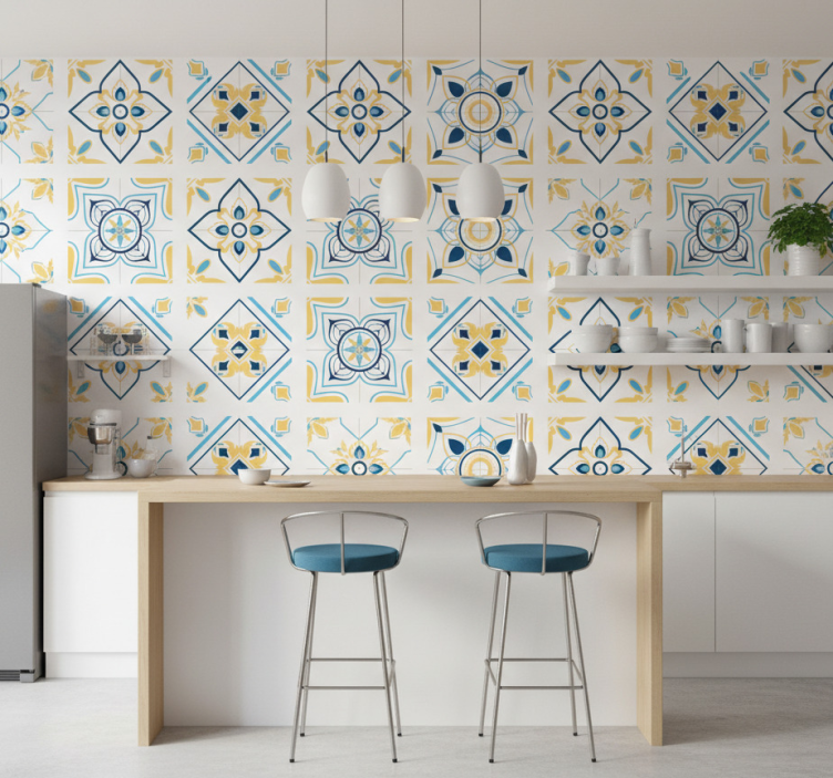 Papel pintado azulejos patrones geométricos - TenVinilo