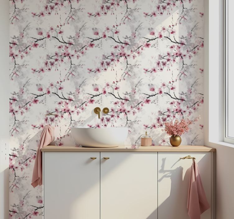 Papel pintado baño papel pintado de cherry blossom rosa - TenVinilo