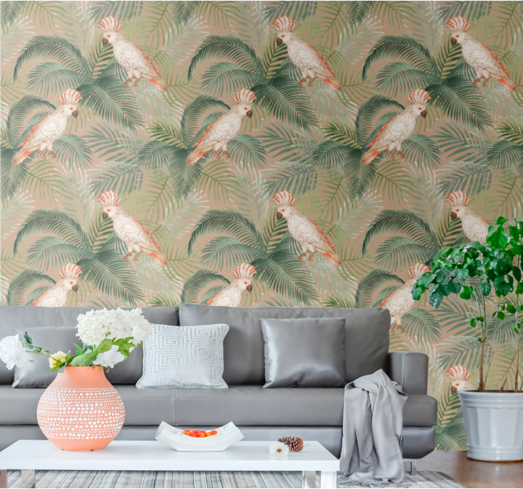 Papel pintado salón estampado de loros tropicales - TenVinilo