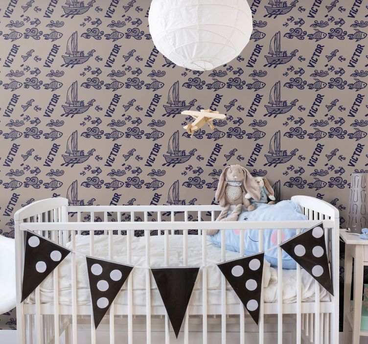 Papel pintado bebé barcos de vela con nombre - TenVinilo
