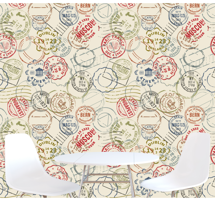 Papel pintado ciudades collage de sellos de viaje - TenVinilo