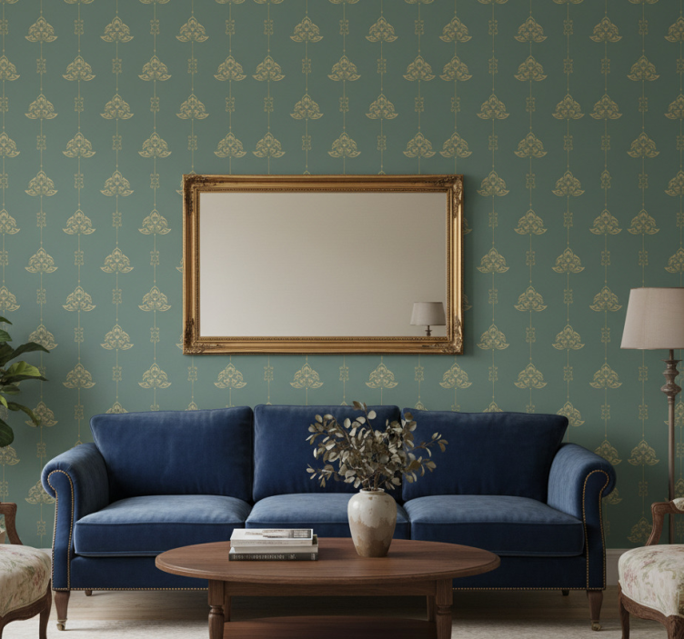 Papel pintado clásico patrón jugendstil teal con flores doradas - TenVinilo