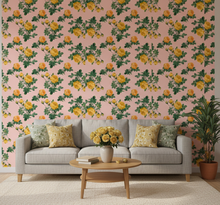 Papel pintado clásico rosas amarillas y hojas verdes - TenVinilo