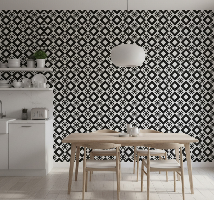 Papel pintado cocina azulejo geométrico blanco y negro - TenVinilo