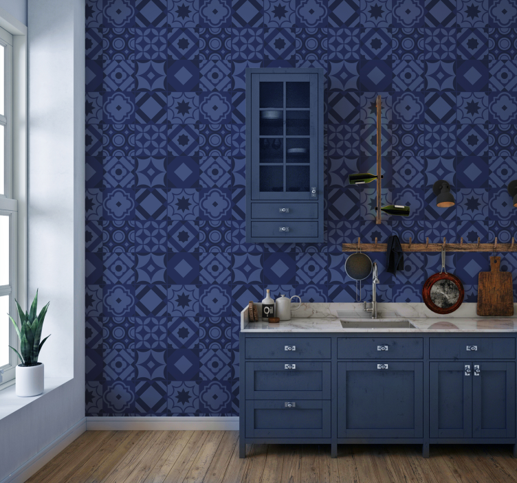 Papel pintado cocina azulejos azul marino - TenVinilo