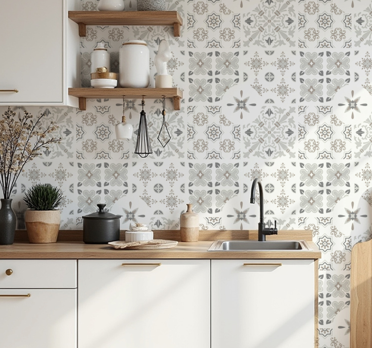 Papel pintado cocina azulejos de mosaico grises - TenVinilo