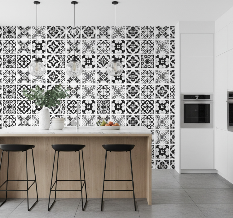 Papel pintado cocina azulejos en blanco y negro - TenVinilo