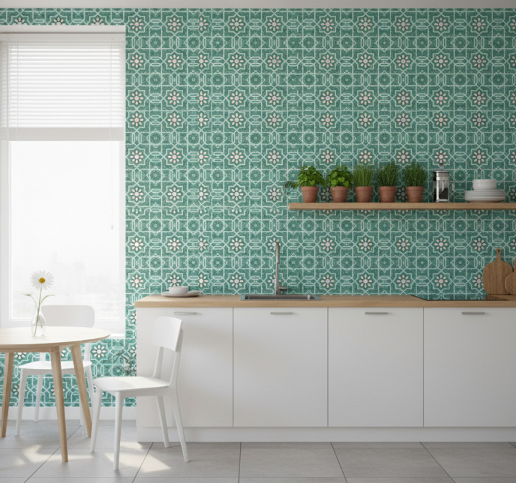 Papel pintado cocina azulejos florales verdes - TenVinilo