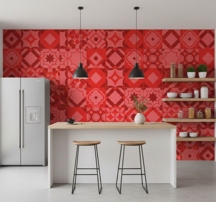Papel pintado cocina azulejos rojos - TenVinilo