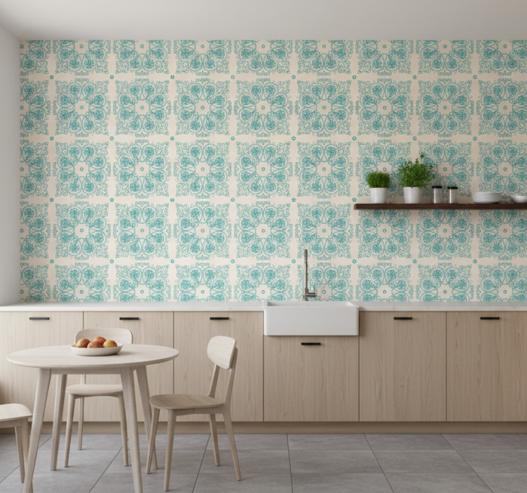 Papel pintado cocina azulejos turquesa - TenVinilo