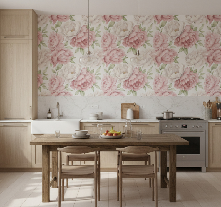 Papel pintado cocina estampado de peonías sonrojadas - TenVinilo