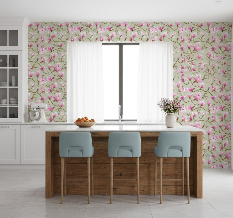 Papel pintado cocina flor de magnolia rosa - TenVinilo