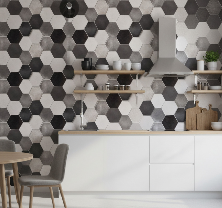 Papel pintado cocina hexágonos grises - TenVinilo