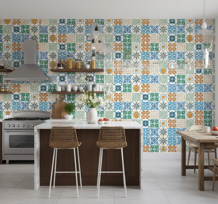 Papel pintado cocina mezcla de azulejos porcelánicos - TenVinilo