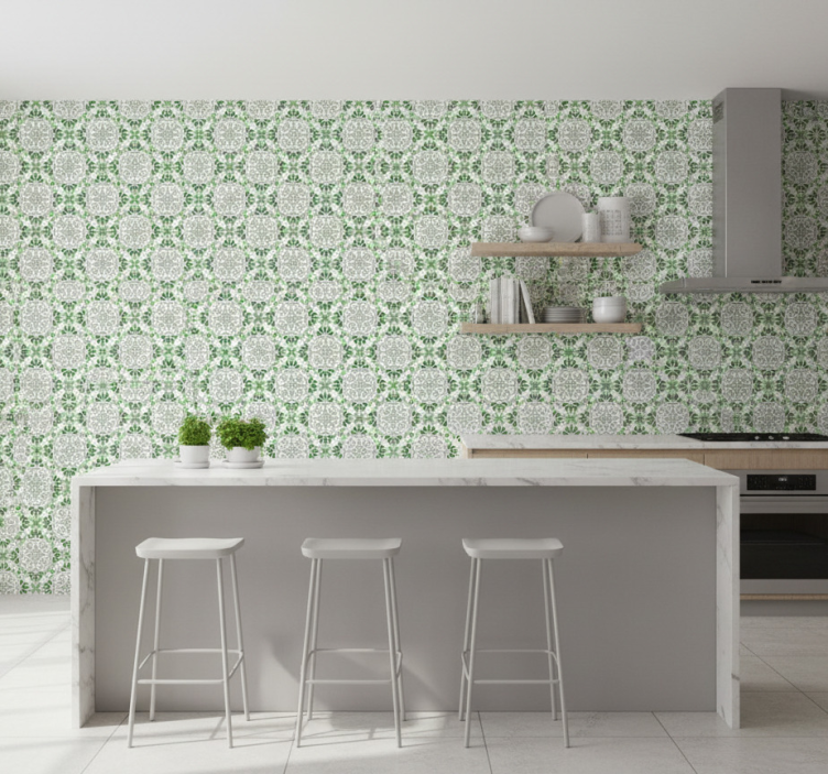 Papel pintado cocina mosaico floral verde - TenVinilo