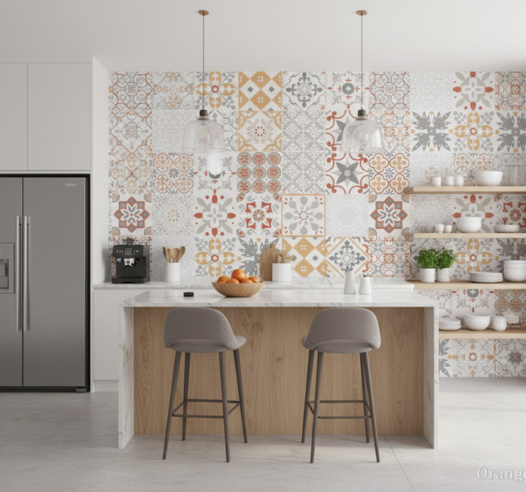 Papel pintado cocina mosaico naranja - TenVinilo