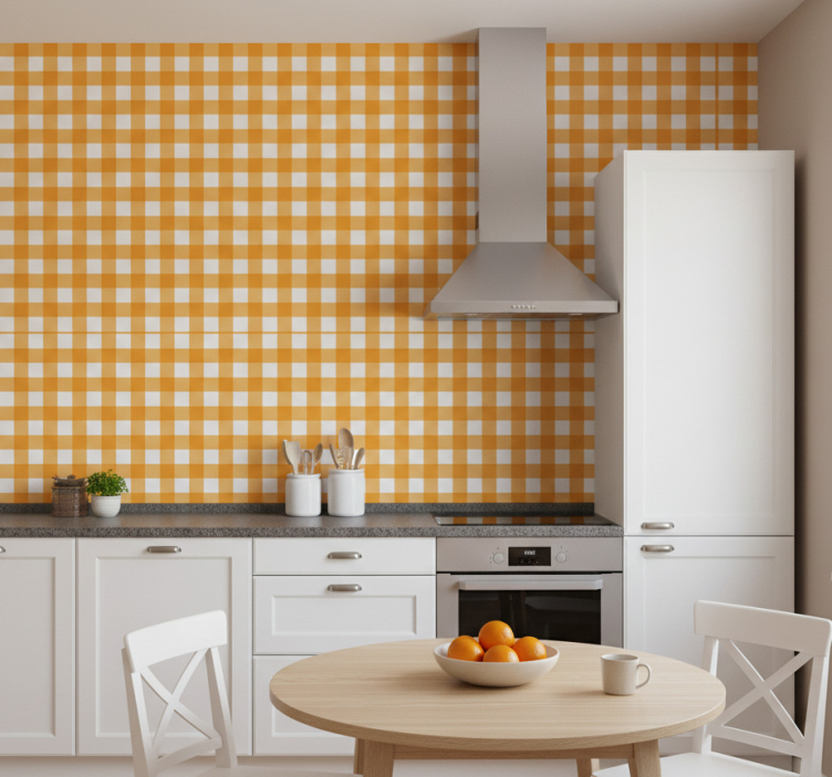 Papel pintado cocina motivo a cuadros naranjas - TenVinilo