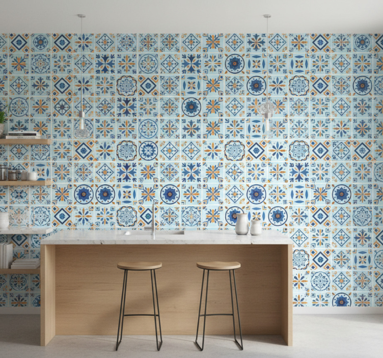 Papel pintado cocina motivo de azulejos tradicional - TenVinilo