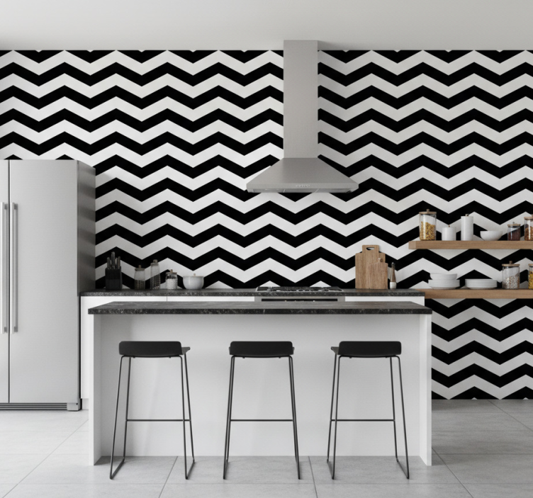 Papel pintado cocina patrón chevron blanco y negro - TenVinilo
