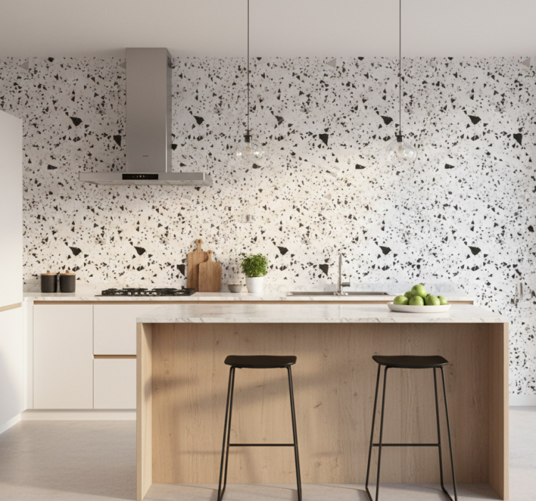 Papel pintado cocina terrazzo gris blanco y negro - TenVinilo