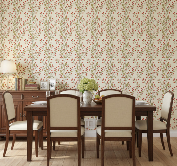 Papel pintado comedor berries hojas florales - TenVinilo