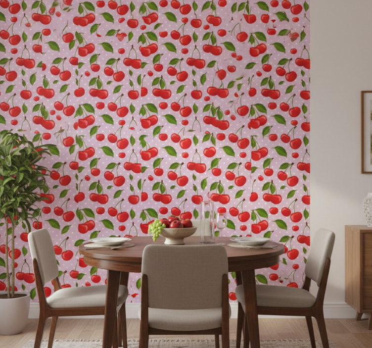 Papel pintado comedor cerezas y hojas - TenVinilo