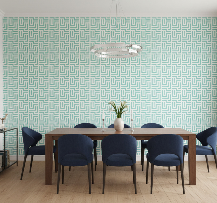 Papel pintado comedor efecto cuadrados azules - TenVinilo