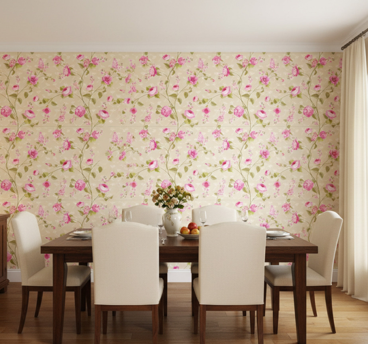 Papel pintado comedor enredadera floral rosa - TenVinilo