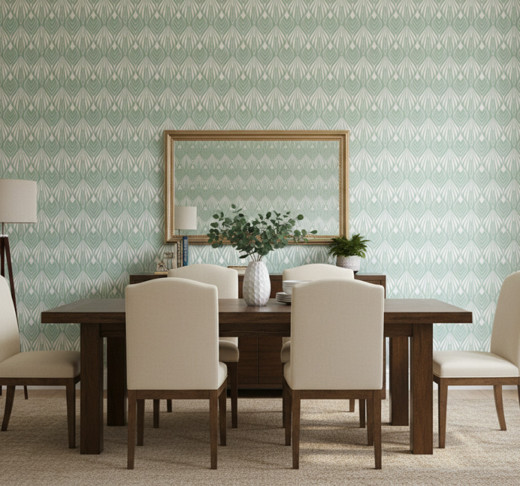 Papel pintado comedor hojas verdes estilizadas - TenVinilo