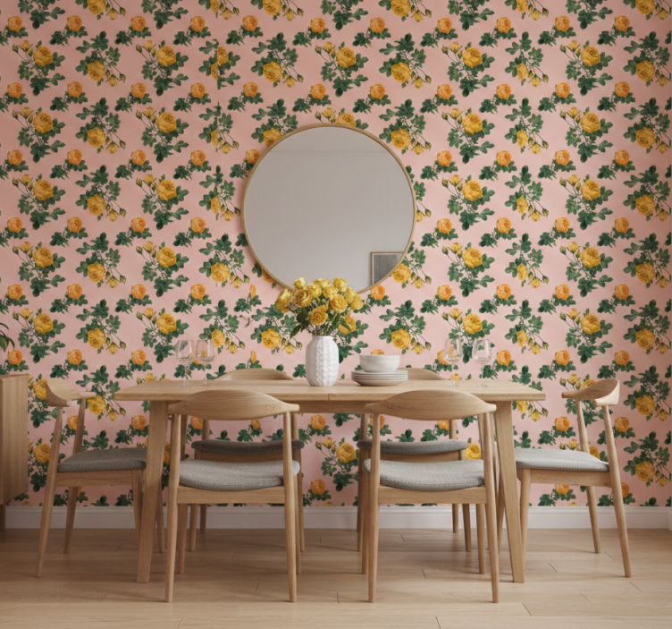 Papel pintado comedor patrón de rosas amarillas - TenVinilo