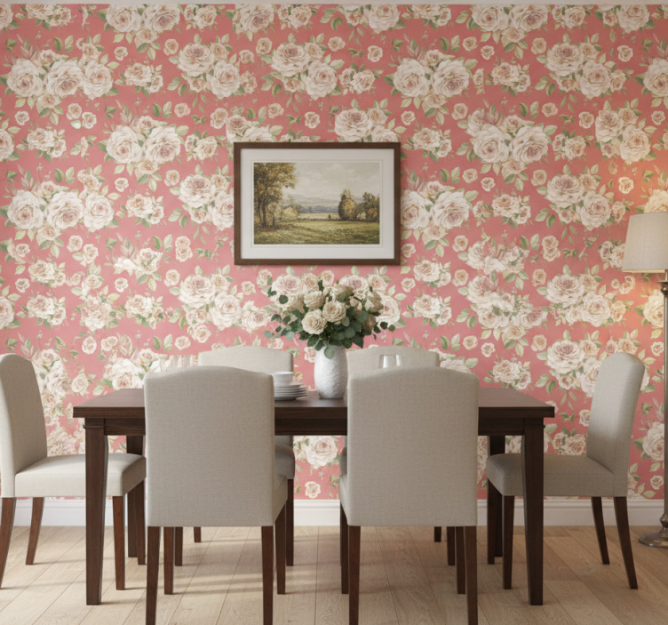 Papel pintado comedor patrón floral de rosas - TenVinilo