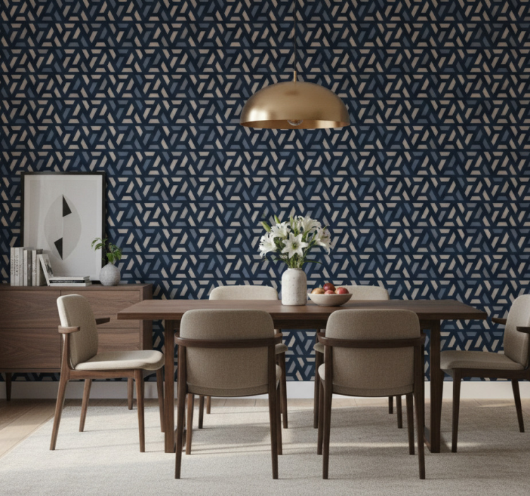 Papel pintado comedor patrón geométrico azul y gris - TenVinilo