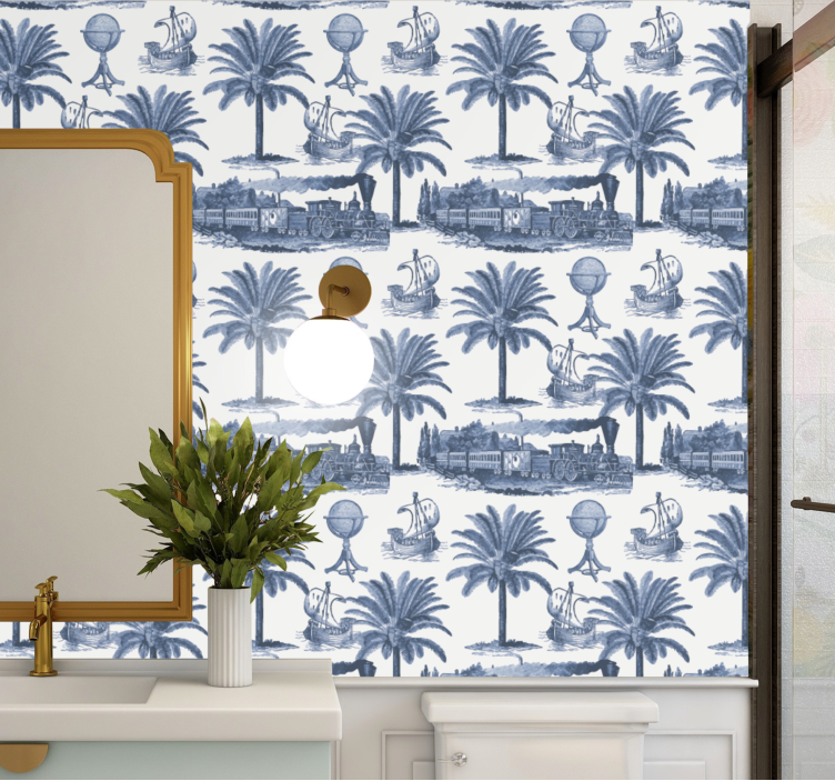 Papel pintado barroco palmeras y trenes azules - TenVinilo