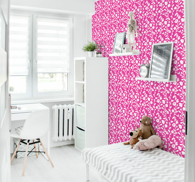 Papel pintado infantil rosa fucsia de flores - TenVinilo