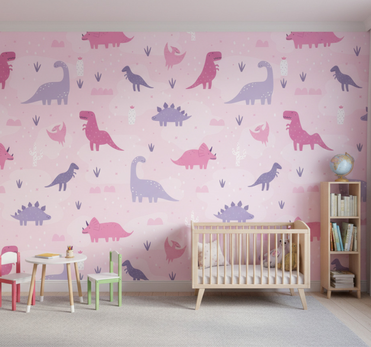 Papel pintado dinosaurios fondo rosa - TenVinilo